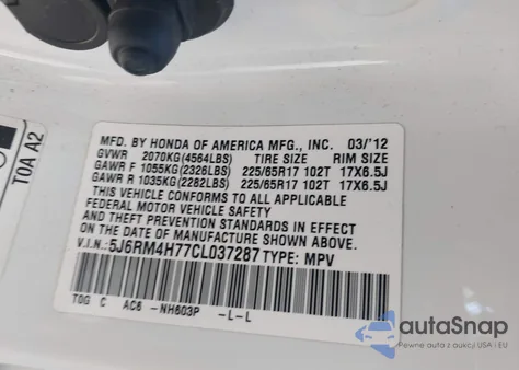 2012 Honda Cr-V Ex-L from USA, damaged, VIN 5J6RM4H77CL037287